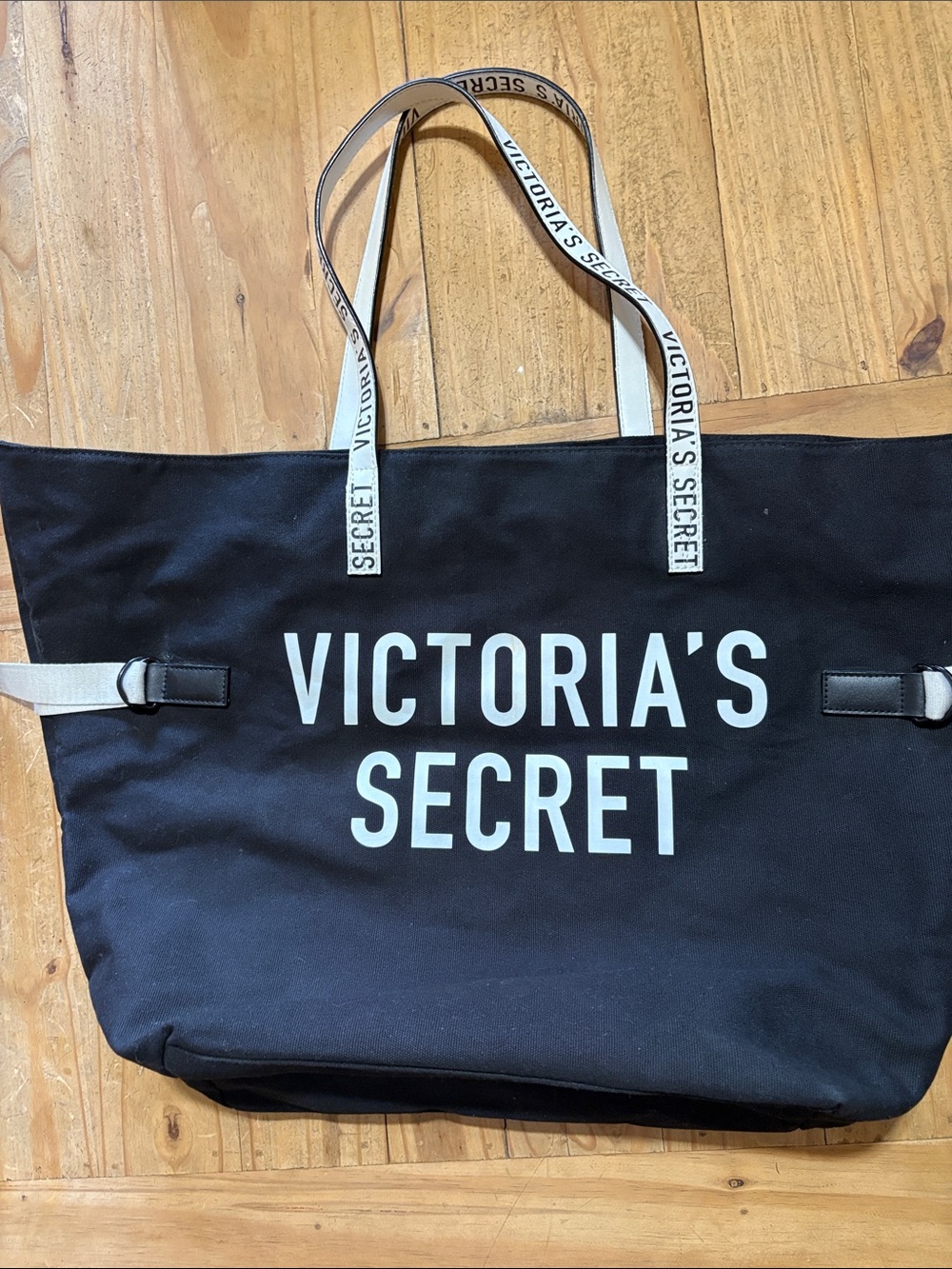 Victoria's Secret Black Canvas Tote with White Logo and Straps